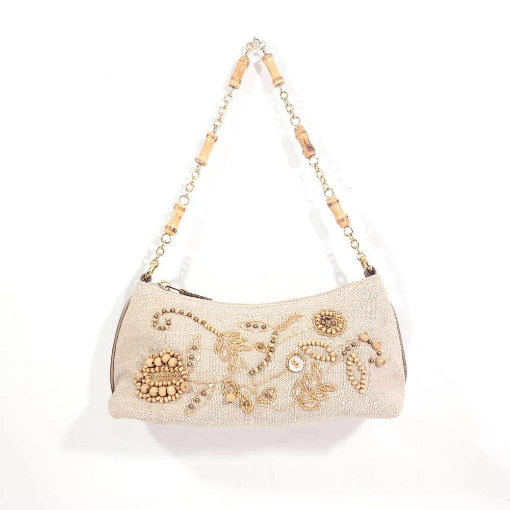 Talbots Linen Jute Beaded Embroidered Handbag Purse - Picture 2 of 6